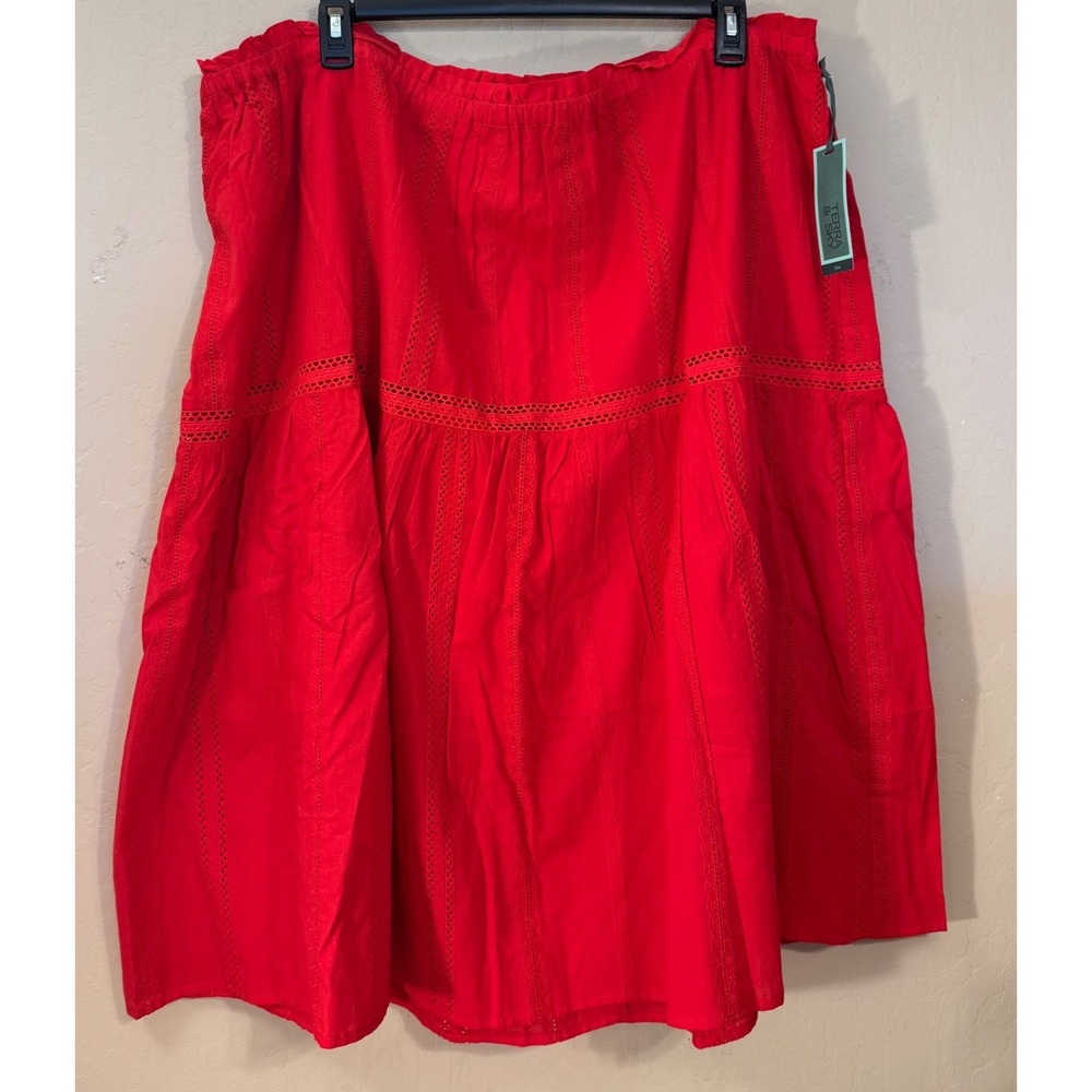 Terra & Sky Midi Skirt Women 3X Red‎ Eyelet Tiered Boho Cotton Peasant NEW
